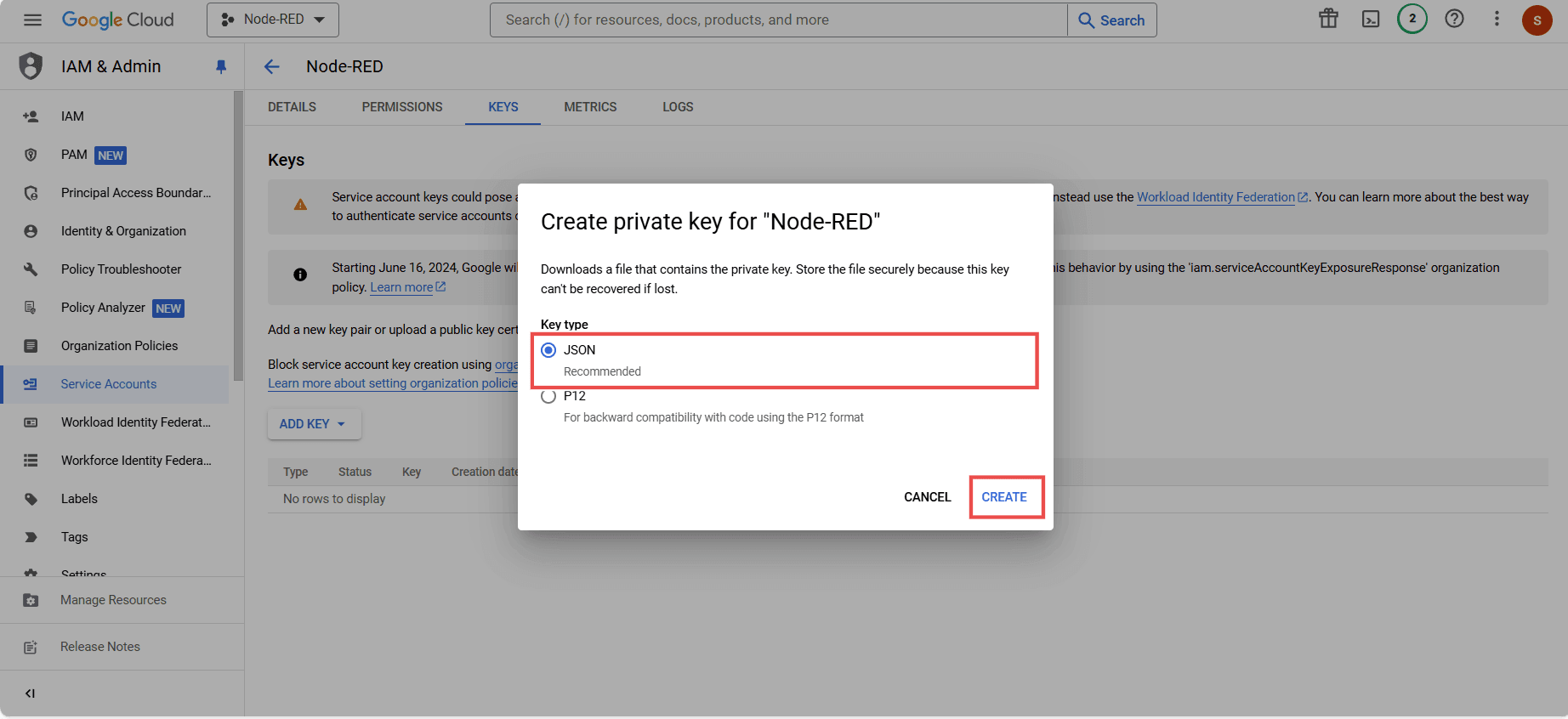 Screenshot showing the 'JSON' option and 'Create new key' button "Screenshot showing the 'JSON' option and 'Create new key' button"